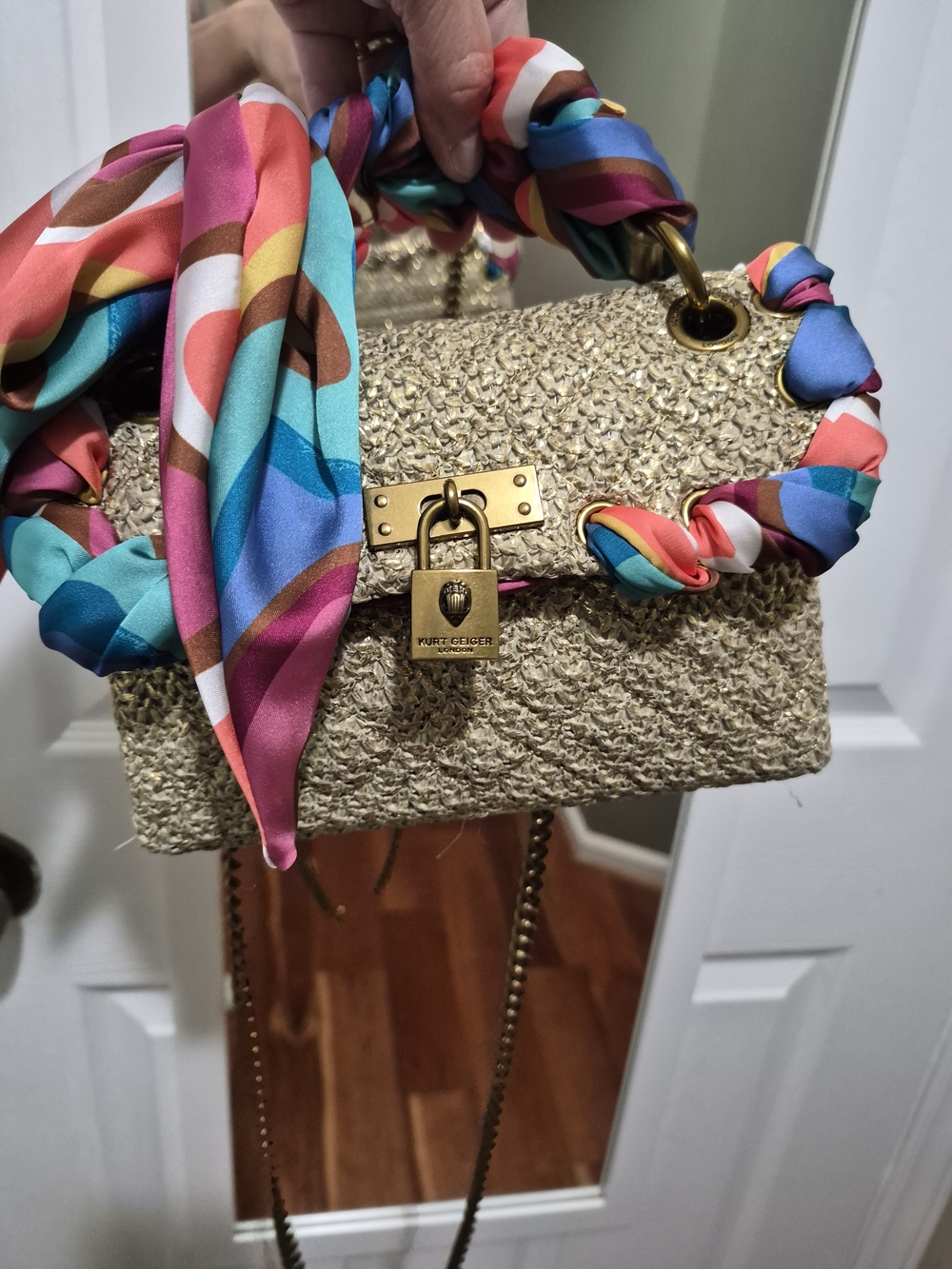 Kurt Geiger Natural Straw Mini Crossbody with Multicolor Scarf